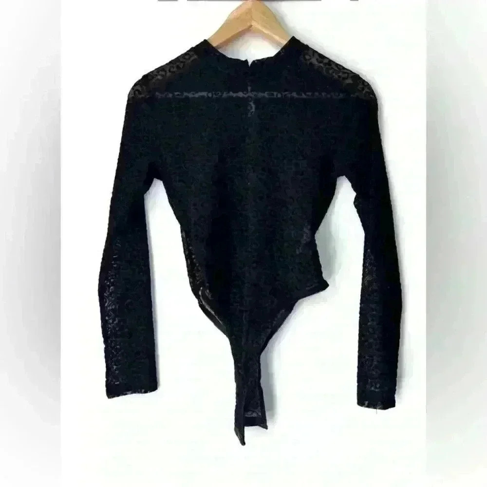 Avidlove Black Womens Long  Sleeve Sheer Leopard Print Bodysuit Whimsigoth Small